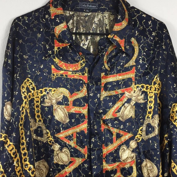 Ceta Italiana Chain Button Versace Vibes Silk Metallic Shirt XL - Picture 3 of 9